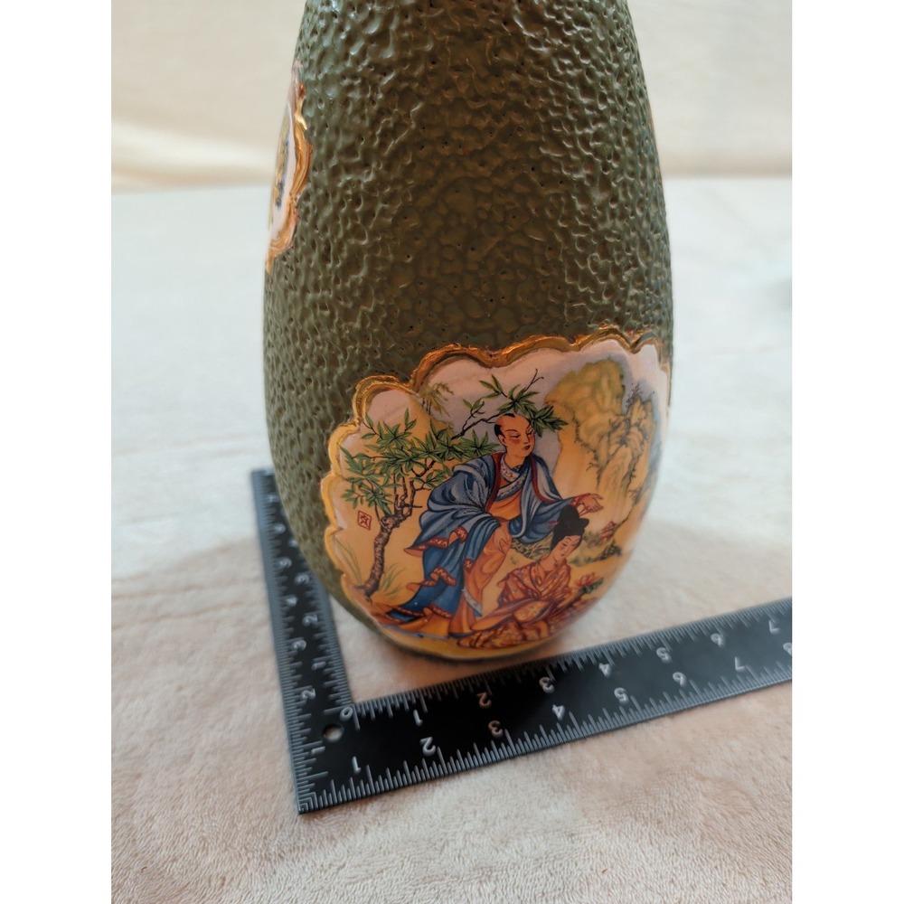Vintage Japanese Satsuma Style Textured Green Lava Glaze Gilt Porcelain Vase - Picture 12 of 12